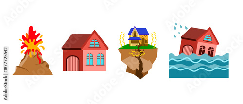 Natural disasters affecting houses, earthquake, flood, volcano eruption, home safety concept illustration