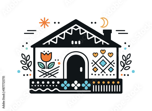 Modern Heritage Design. Cultural heritage flat design. A traditional house silhouette combined with abstract patterns inspired by folk motifs, expressing