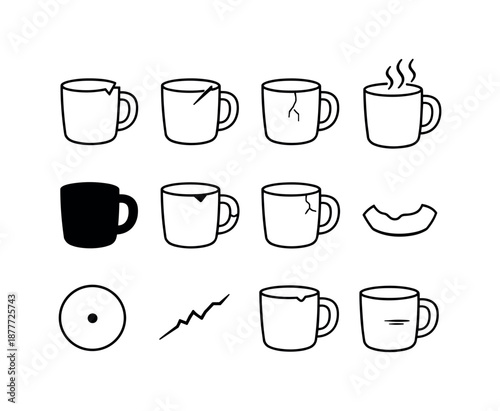 Chipped Mug Icon Set. Chipped coffee mug. Line icon set of chipped coffee mug: chipped edge outline, rim fracture, ceramic hairline crack, steam swirl, mug