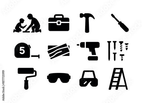 Father-Son Project Icons. A father and son working together on a home improvement project. Solid icon set of a father and son working together on a home