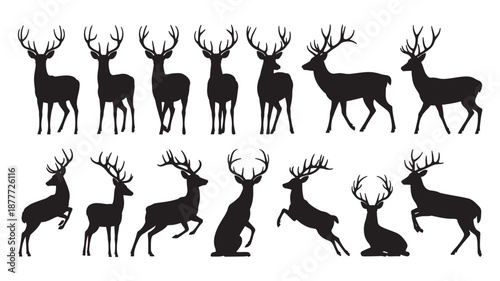 Vector Illustration Of Various Deer Silhouettes In Different Poses For Wildlife And Nature Concepts On Transparent Background