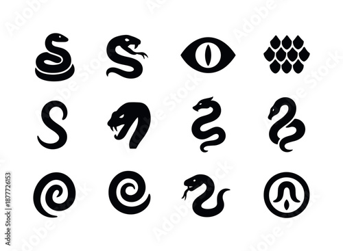 Mythical Serpent Icons. Mythical serpents. Solid icon set of Mythical serpents: coiled serpent form, open-mouthed snake, serpent eye, scale texture, tail