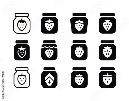 Strawberry Jam Logo Collection. Jam. Icon set. Set Logo of Jam: strawberry jam jar. harmonious logo variations of the same emblematic concept, each with