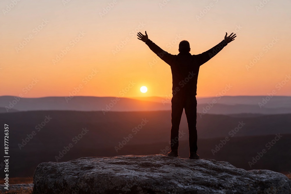 Fototapeta premium Person stands on rock at sunset in open landscape
