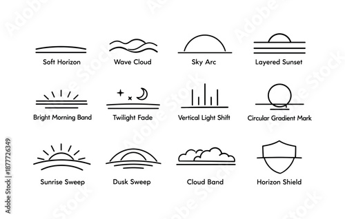 Sky Gradient Icons. Sky gradients. Line icon set of Sky gradients: soft horizon, wave cloud, sky arc, layered sunset, bright morning band, twilight fade,