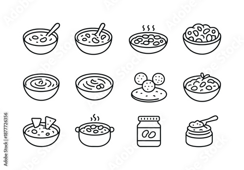 Variety Bean Dishes Icons. Bean Dishes. Line icon set of Bean Dishes: bean soup, bean chili, baked beans, bean salad, refried beans, hummus bowl, falafel mix,