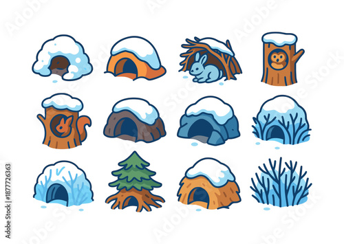 Winter Shelter Icons. Winter shelters. Colorful isometric vector icons set of winter shelters: snowy animal den, fox burrow opening, hare hideout under
