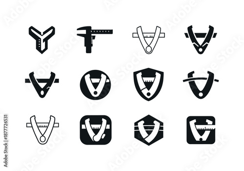 Fitness Logo Icons. Fitness assessments and body measurements. Icon set. Set Logo of fitness assessments and body measurements: caliper tool. harmonious logo