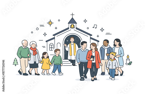 Joyful Church Exit. Holiday church service ending. Congregation leaving the church together, calm smiles and relaxed posture. Closure, peace and shared holiday