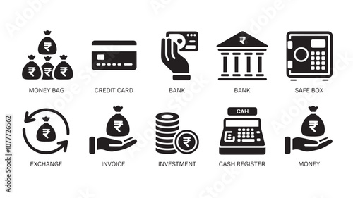 Vector Illustration Of Indian Rupee Currency And Banking Icons For Financial Services And E-Commerce On Transparent Background