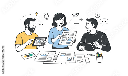 Creative Team Collaboration. Creative agency planning. Colleagues reviewing layouts and concepts on tablets and printed sheets. Structured creativity and