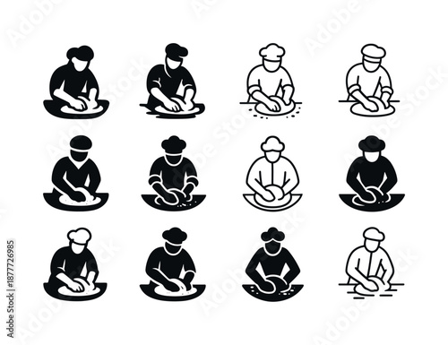 Baker Logo Icons. A baker kneading dough by hand on a flour-covered surface. Icon set. Set Logo of a baker kneading dough by hand on a flour-covered surface: