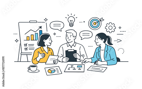 Strategic Planning Discussion. Strategic project planning. Business people discussing goals and next steps with simple charts and documents. A sense of