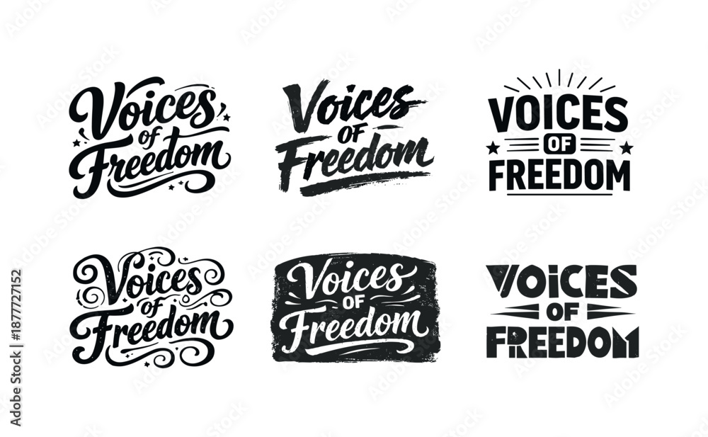 Fototapeta premium Creative Lettering Styles Grid. Voices of Freedom. Set lettering. harmonious lettering variations of the same emblematic concept, each with different artistic
