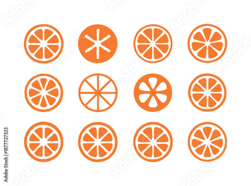 Fruit Logo Variations. Fruits. Icon set. Set Logo of fruits: orange slice. harmonious logo variations of the same emblematic concept, each with different