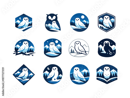 Winter Wildlife Icons. Snowy landscapes with animals in winter habitats. Icon set. Set Logo of snowy landscapes with animals in winter habitats: snowy owl.