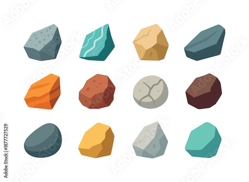 Colorful Stone Icons. Stone Shards. Colorful flat vector icons set of Stone Shards: granite chip, marble shard, limestone piece, slate fragment, basalt shard,