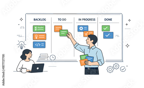 Sprint Backlog Organization. Sprint backlog planning. A product owner arranging backlog items into sprint columns on a clean board. Thoughtful prioritization,