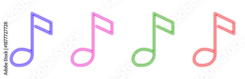 A collection of four colorful neon musical notes, including eighth notes in vibrant purple, pink, green, and red, isolated on a clean white background, perfect for music-related designs.