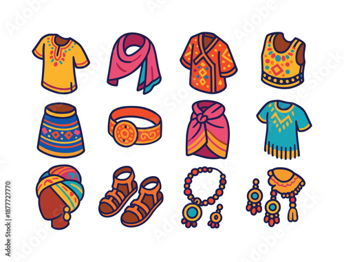 Global Fashion Icons. Global fashion heritage. Colorful isometric vector icons set of global fashion heritage: embroidered tunic, draped shawl, patterned robe,