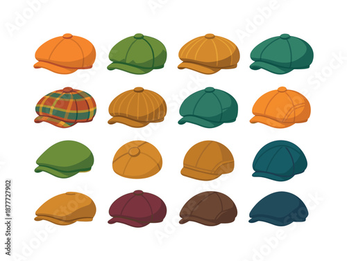 Colorful Newsboy Cap Icons. Headwear styles. Colorful isometric vector icons set of headwear styles: newsboy cap, beret, beanie, fedora, bucket hat, flat cap,