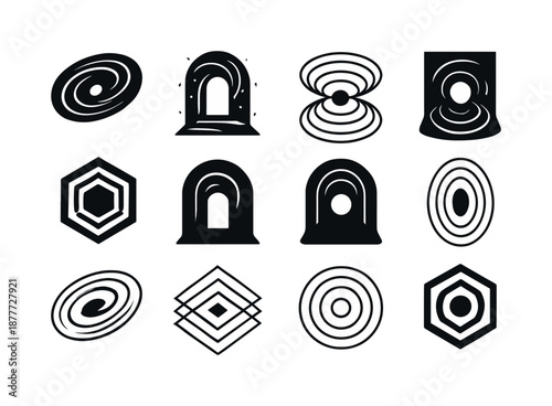 Intergalactic Icon Variations. Intergalactic travel. Icon set. Set Logo of Intergalactic travel: warp portal. harmonious logo variations of the same emblematic