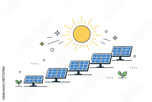 Solar Steps Forward. Solar Power Growth. Symbolic illustration of solar panels arranged like rising steps with sun rays above, expressing progress, optimism,
