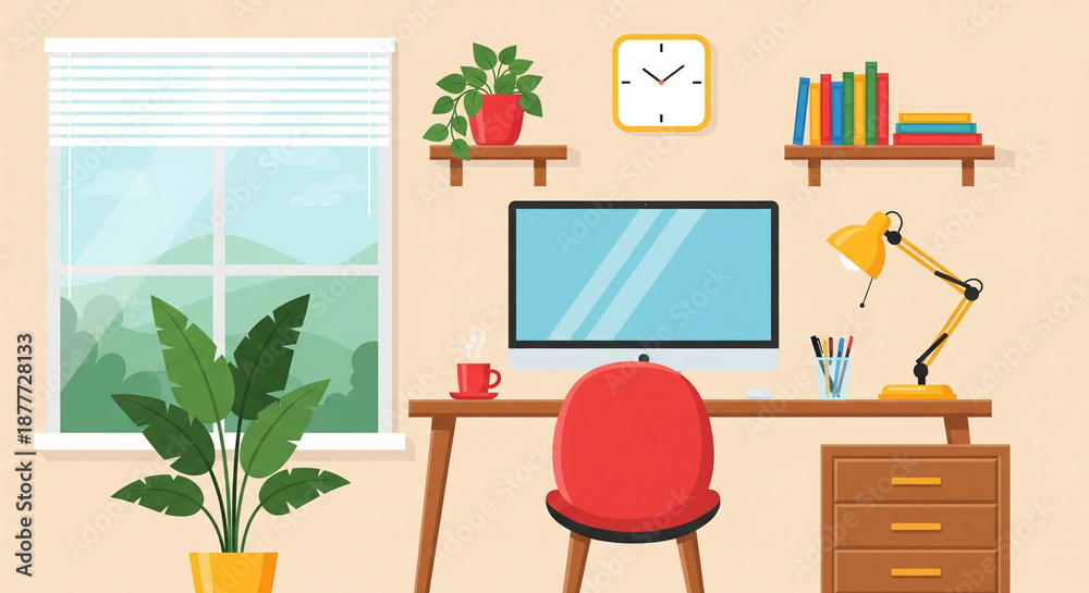 Fototapeta premium Comfortable and modern home office setup with a desk, computer, and plants, featuring a large window overlooking a scenic mountain landscape, perfect for remote work or study