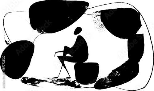 Abstract silhouette of seated person in minimalistic black and white design
