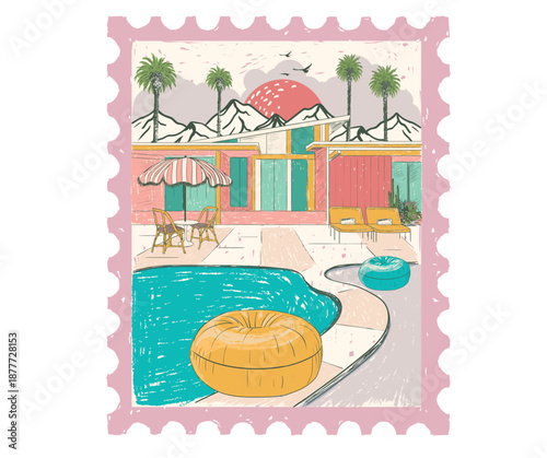California retro resort artwork. Palm springs t shirt design. Swimming pool colorful retro print artwork.
