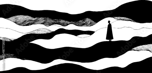 Solitary figure in monochrome landscape with abstract waves
