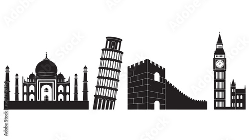 Vector Illustration Of Famous Landmarks Silhouettes Including Taj Mahal, Leaning Tower Of Pisa, Great Wall Of China, And Big Ben For Travel And Tourism Concept On Transparent Backg