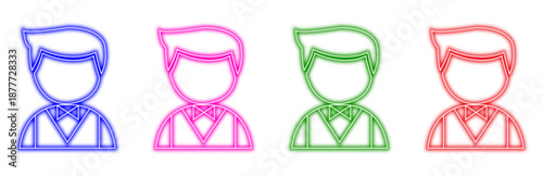 Set of colorful neon male profile user icons with bow tie and shirt collar, isolated on transparent background for digital design elements.