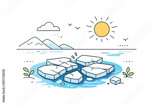 Ice Thawing Calmly. End of freeze concept. A minimal editorial landscape with ice breaking apart under soft sunlight, suggesting warming temperatures and