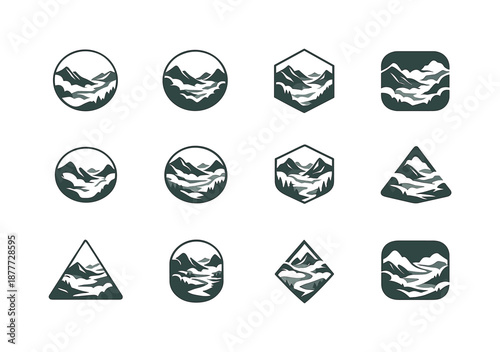 Quiet Valley Icons. Quiet Valley. Icon set. Set Logo of Quiet Valley: fog rolling through valley. harmonious logo variations of the same emblematic concept,