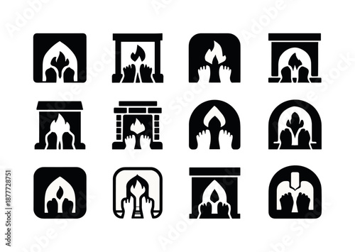 Cozy Fireplace Icons. People enjoying a warm fire in the fireplace. Icon set. Set Logo of people enjoying a warm fire in the fireplace: feet near fireplace.