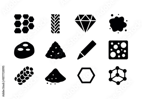 Carbon Material Icons. Carbon materials. Solid icon set of carbon materials: graphene sheet, carbon fiber strand, diamond crystal, soot particle,