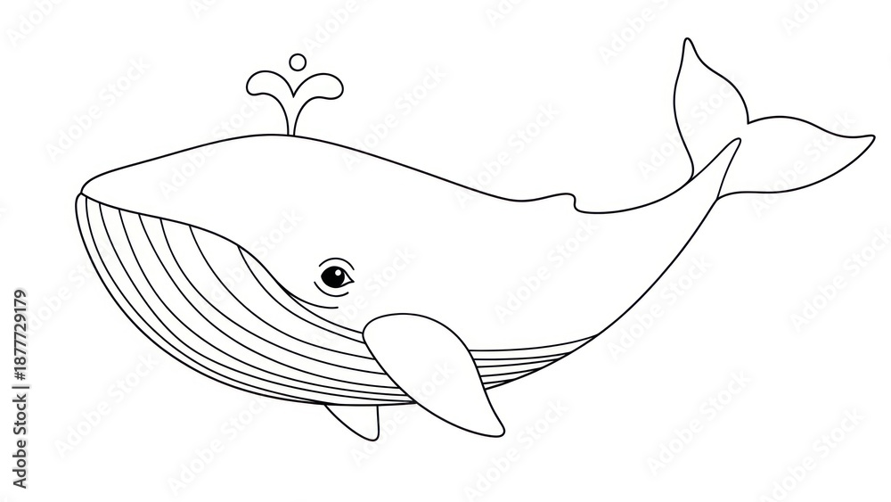 Fototapeta premium Cartoon whale illustration with water spout simple black and white design