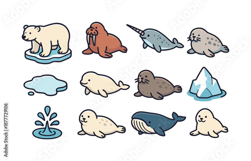 Polar Marine Icons. polar marine mammals. Colorful isometric vector icons set of polar marine mammals: polar bear (marine icon), walrus, narwhal, beluga,