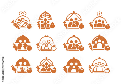 Family Meal Icons. Cooking a family meal with fresh ingredients. Icon set. Set Logo of cooking a family meal with fresh ingredients: warm serving tray.