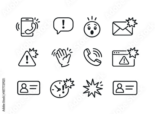 Surprise Communication Icons. Surprise communication. Line icon set of surprise communication: ringing device, notification bubble, shocked face icon, message