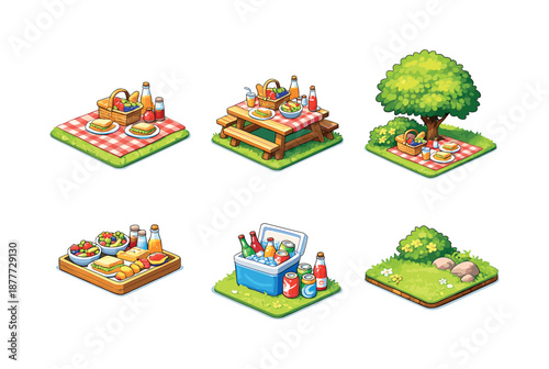 Isometric Picnic Icons. Isometric Picnic Scenes. Isometric flat vector icons set of Isometric Picnic Scenes: picnic blanket with basket, outdoor table setup,