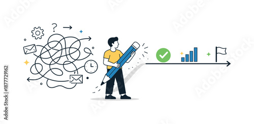 Streamlined Workflow Illustration. Workflow optimization. A character simplifying a complex flow into a clean, straight path. The scene represents efficiency,
