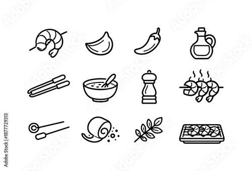Shrimp Skewer Icons. Shrimp skewers. Line icon set of shrimp skewers: shrimp curl icon, garlic clove, chili pepper, olive oil bottle, grill tongs, marinade