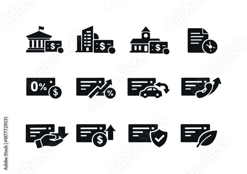Bond Icon Set. Bond types. Solid icon set of Bond types: government bond, corporate bond, municipal bond, treasury bill, zero-coupon bond, inflation-linked