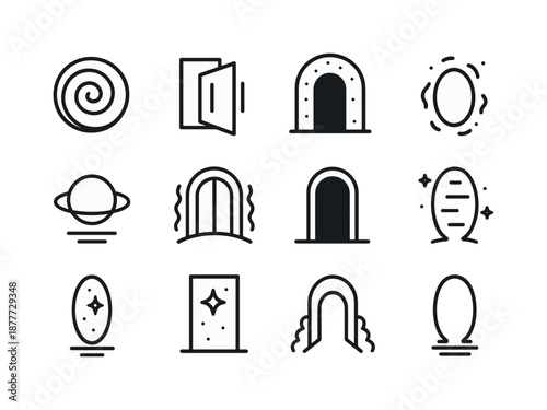Otherworldly Portal Icons. Otherworld entrances. Line icon set of Otherworld entrances: spiral doorway, shifting door, alien gate, portal mist, hovering ring,