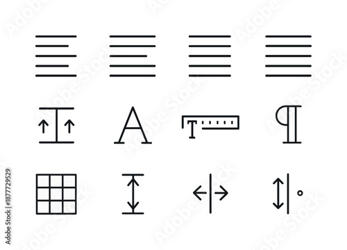 Text Alignment Icons. Text alignment. Line icon set of Text alignment: left align, right align, center align, justified text, line spacing, baseline icon,