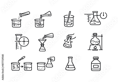 Solution Preparation Icons. Solution Preparation. Line icon set of Solution Preparation: adding solute, adding solvent, mixing symbol, meniscus reading,