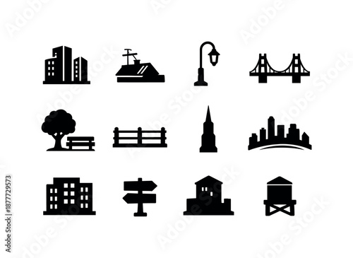 Urban Sunset Icons. Sunrise and sunset. Solid icon set of urban sunset scenes: skyscraper block, rooftop, streetlamp, bridge silhouette, city park tree, bench,