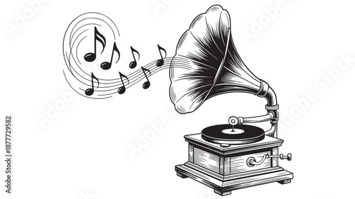 Vintage Gramophone With Musical Notes Vector Illustration For Music History And Retro Technology Concept On Transparent Background